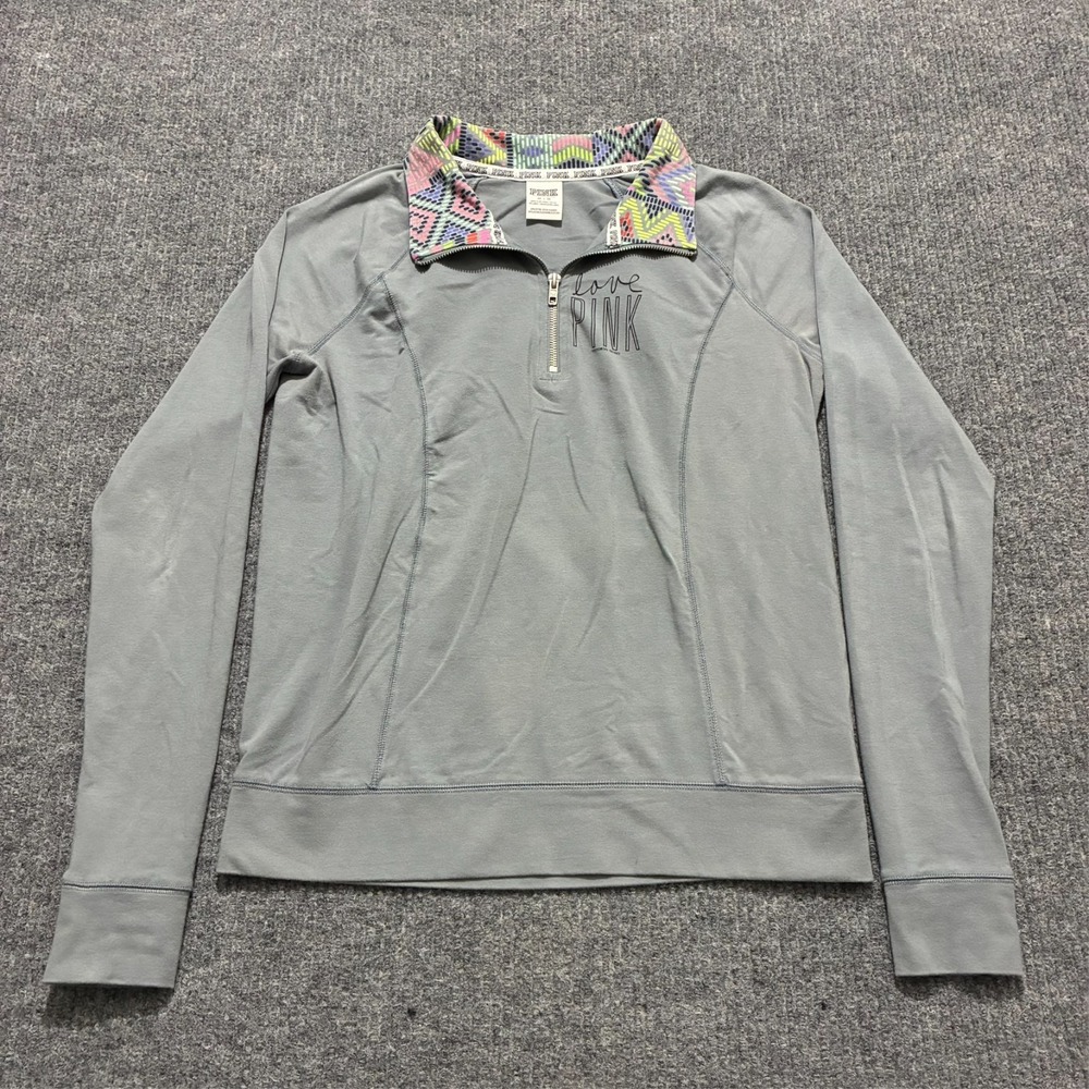 Victorias Secret PINK Love Womens Pullover Size M Gray 1/4 Zip Long Sleeve